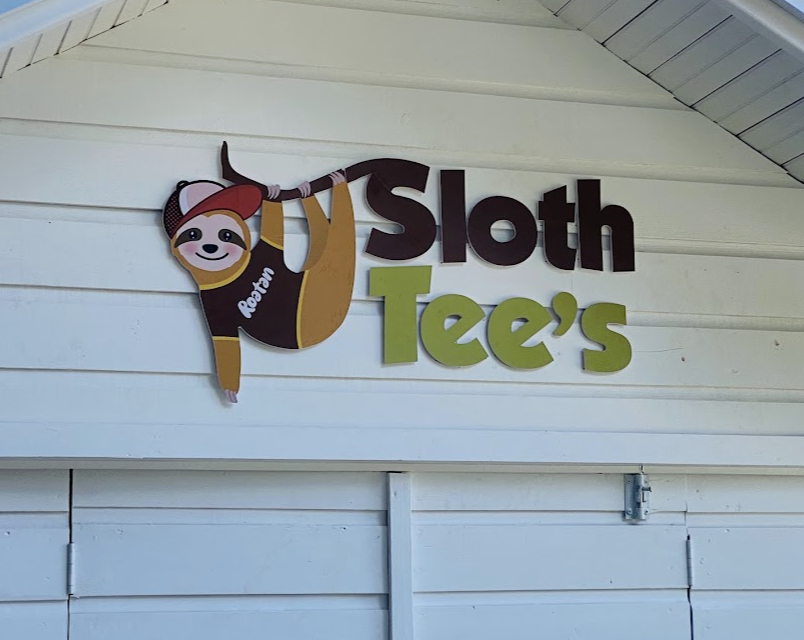 Custom-cut dimensional Sloth Tee's sign made by RGB Prints